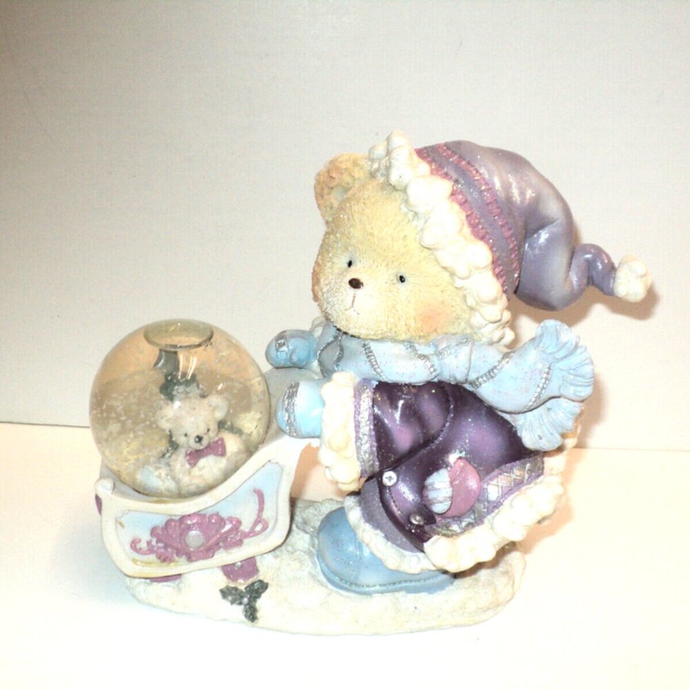 Christmas Bear Statue Pushing Sled with Snow Globe Winter Holiday Purple & Blue